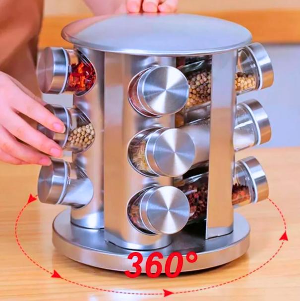 Porta Tempero e Condimentos Giratório Inox 12 Potes