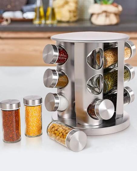 Porta Tempero e Condimentos Giratório Inox 12 Potes