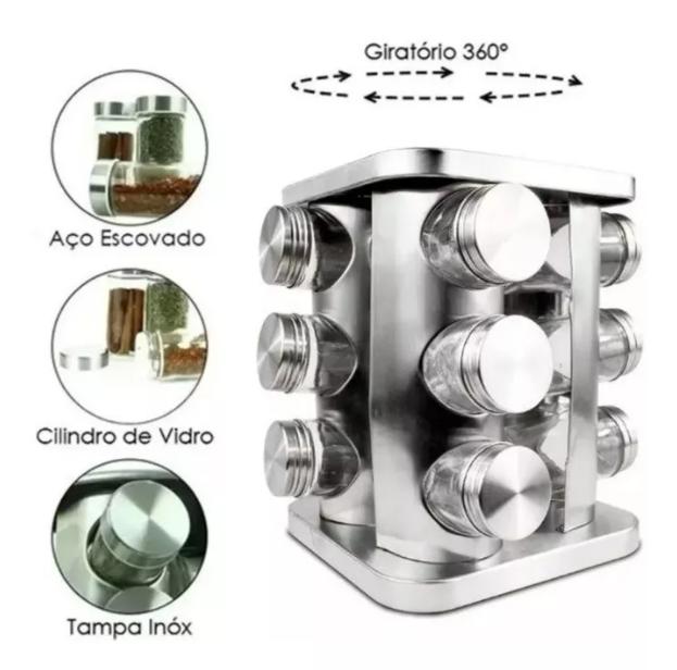 Porta Tempero e Condimentos Giratório Inox 12 Potes